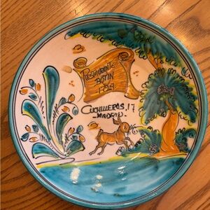 Hand-Painted Decorative Ceramic Plate in Turquoise and Yellow